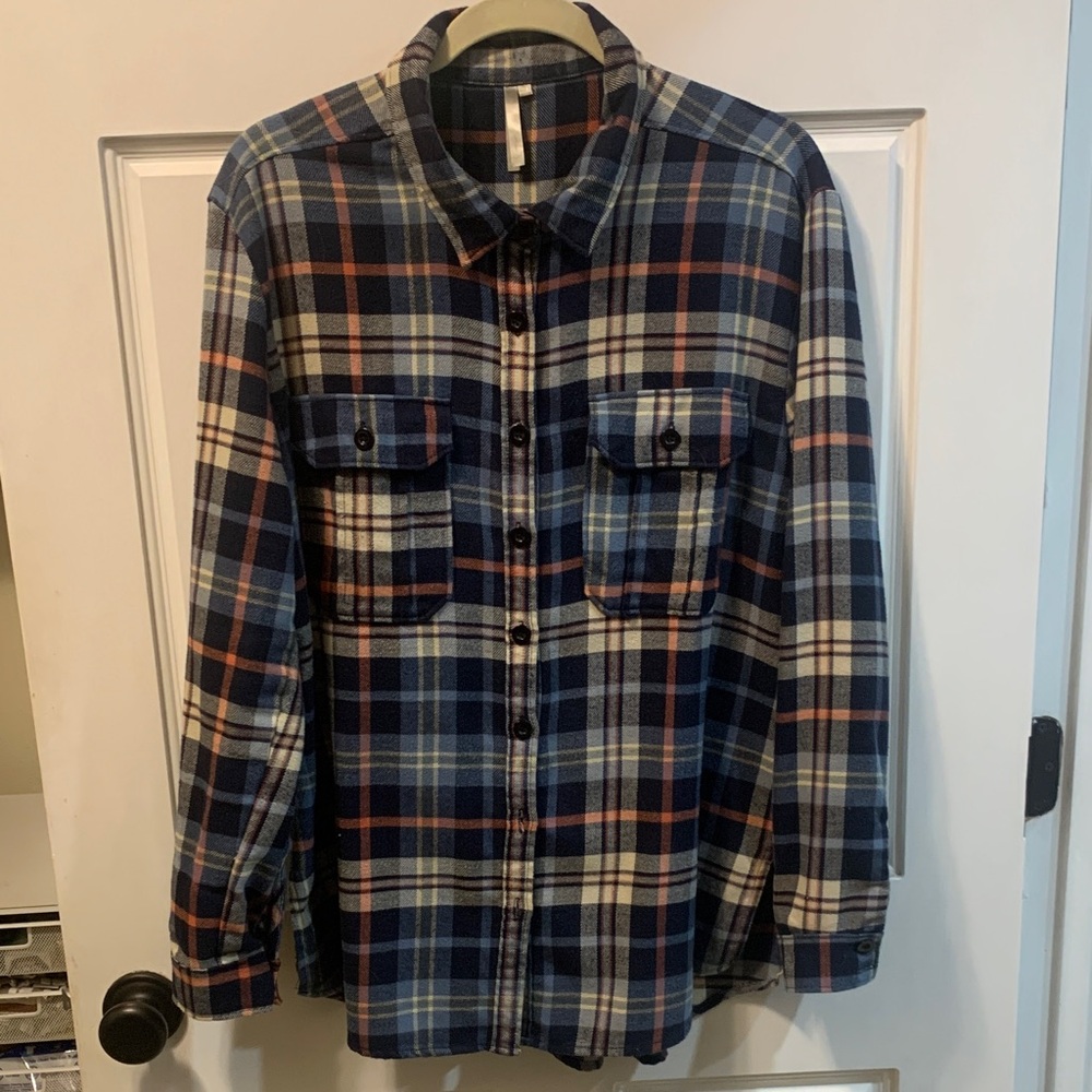 Blue and Orange Flannel Plaid Button-Up Shirt by Mona B Large